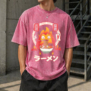 Howl’s Moving Castle Calcifer Ramen – Ghibli Vintage Washed T-Shirt in Red