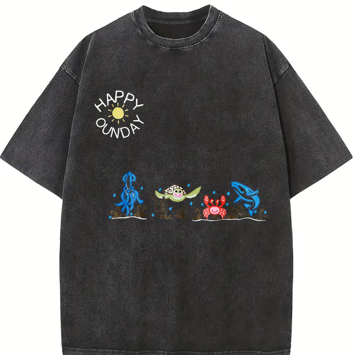 Sea Animals Embroidered Vintage Washed T-Shirt in Black
