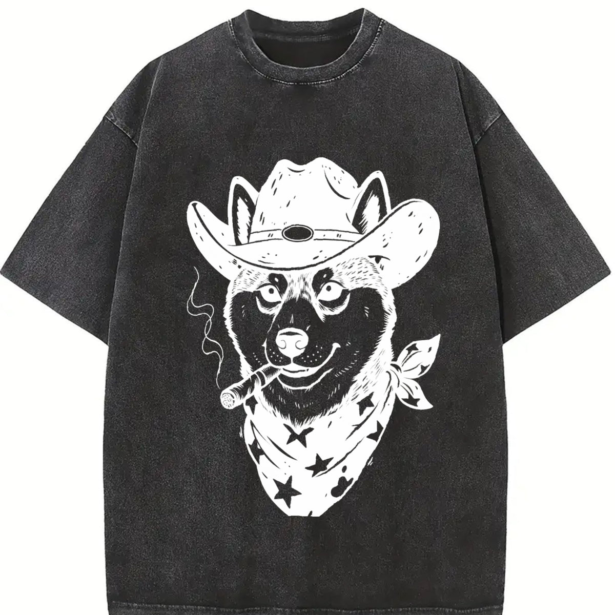 Smoking Cowboy Shiba Inu Retro Vintage Washed T-Shirt in Black