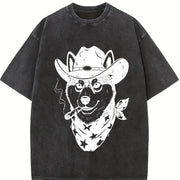Smoking Cowboy Shiba Inu Retro Vintage Washed T-Shirt in Black