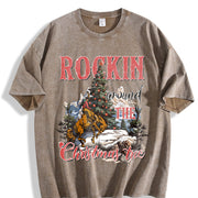 Retro Rocking Around the Christmas Tree Cute Teenager Vintage Washed T-Shirt in Brown