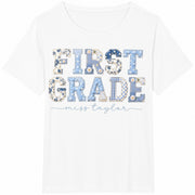 First Grade Teacher 1st Grade Matching Group Floral Blue Cotton T-Shirt in White