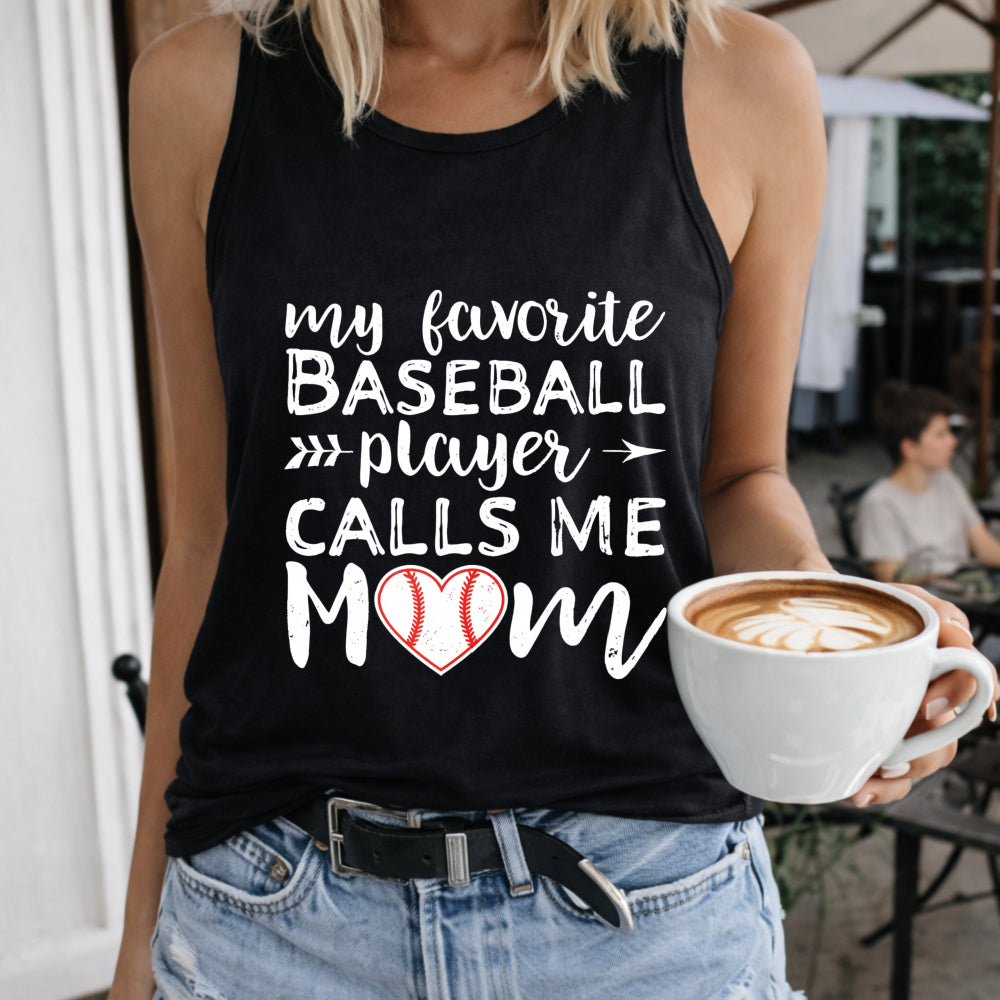 My Favorite Baseball Player Calls Me Mom Women's Color Cotton Tank Top in Black