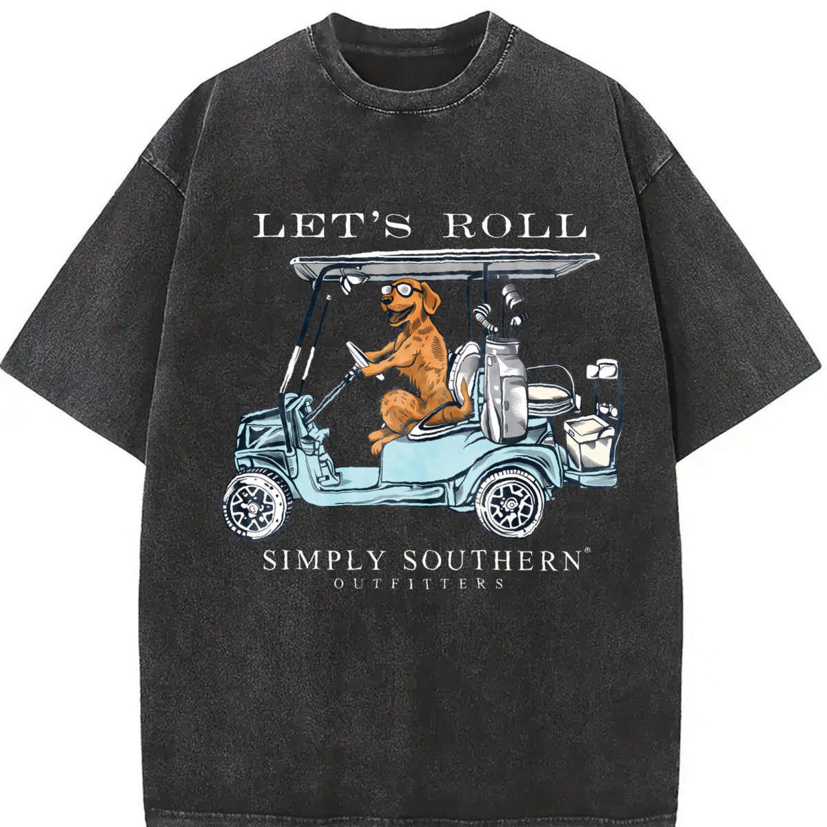 Let's Roll Golf Cart Golden Retriever Vintage Washed T-Shirt in Black