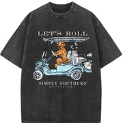 Let's Roll Golf Cart Golden Retriever Vintage Washed T-Shirt in Black