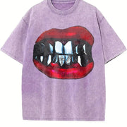 Gothic Vampire Lips Fangs Sleeveless Tank Vintage Washed T-Shirt in Purple
