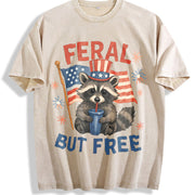 Retro Feral but Free Raccoon 4th of July 90s Vintage Washed T-Shirt in Beige