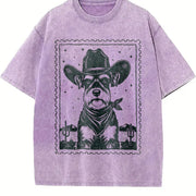Retro Cowboy Schnauzer Stamp Vintage Washed T-Shirt in Purple