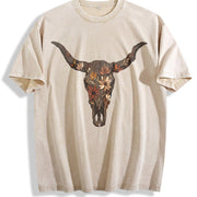 Brushstroke Floral Western Cow Skull Cowboy Graphics Vintage Washed T-Shirt in Beige