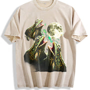 Frogs Howling to Moon 90s Vintage Washed T-Shirt in Beige
