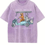 Let's Roll Golf Cart Golden Retriever Vintage Washed T-Shirt in Purple