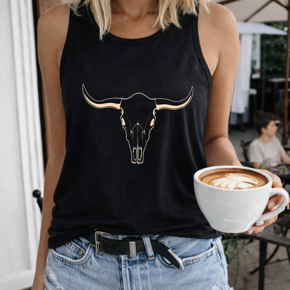 2025 Western Bull Skull Button V-neck Vest Women's Color Cotton Tank Top in Black
