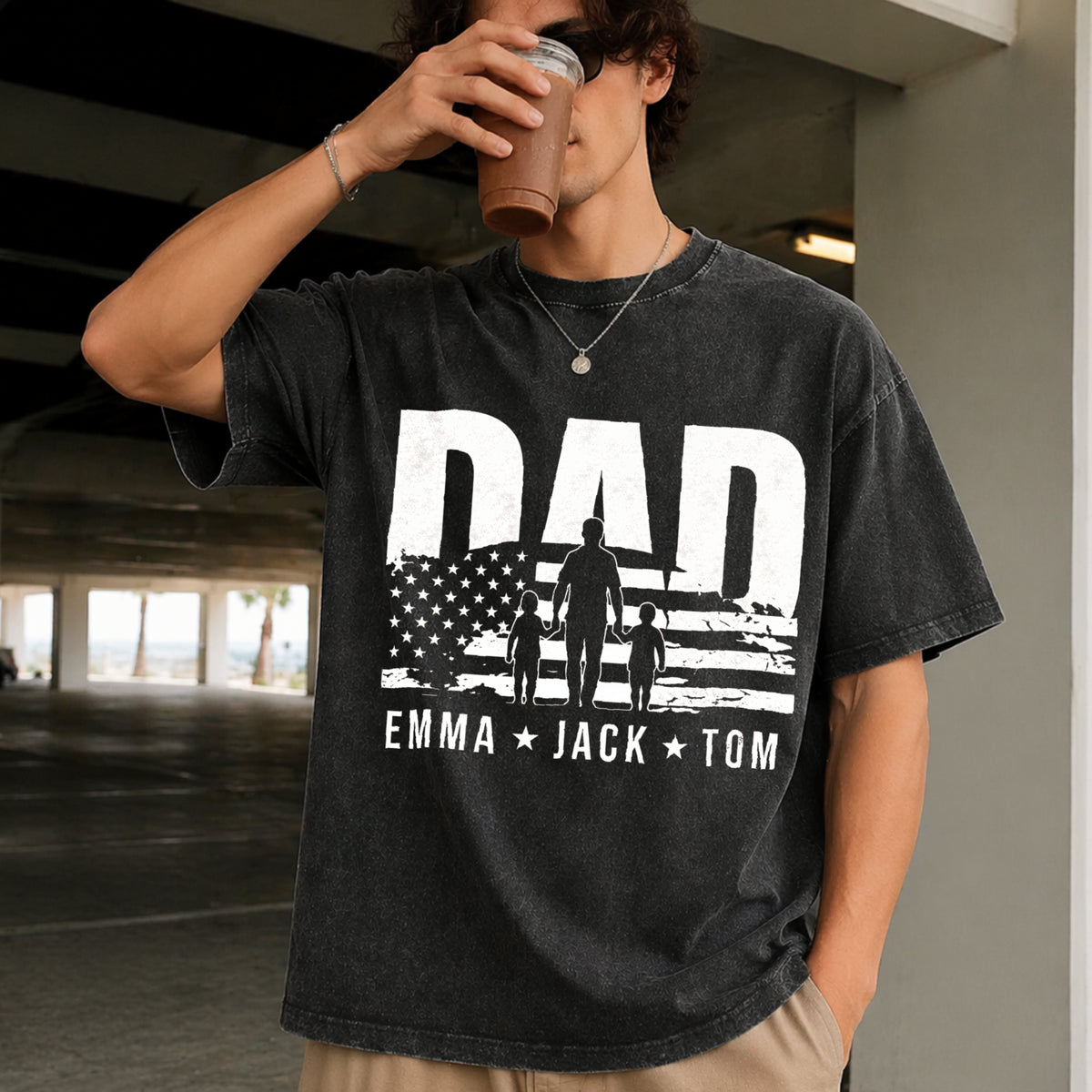 Custom Dad with Kids Names Vintage Washed T-Shirt in Black