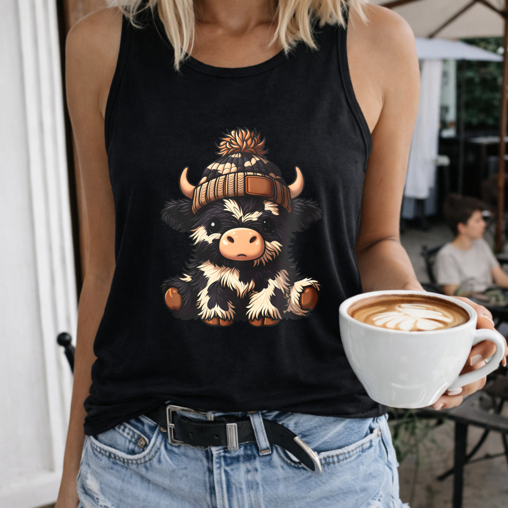 Sleeveless Tank with Cute Cartoon Cow & Beanie Women's Color Cotton Tank Top in Black