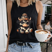 Sleeveless Tank with Cute Cartoon Cow & Beanie Women's Color Cotton Tank Top in Black