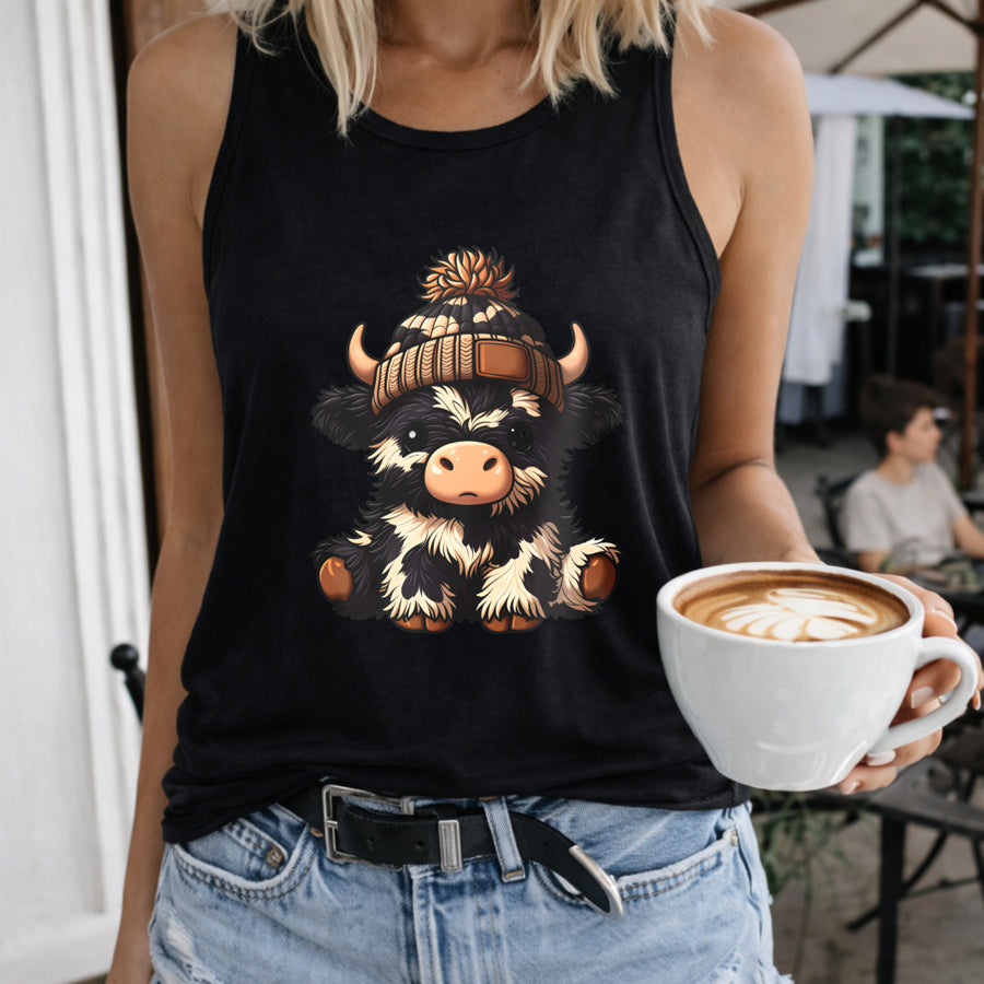 Sleeveless Tank with Cute Cartoon Cow & Beanie Women's Color Cotton Tank Top in Black
