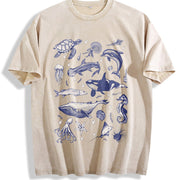 Sea Animal 90s Retro Vintage Washed T-Shirt in Beige