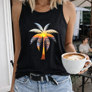 Sunset Palm Tree Women's Color Cotton Tank Top in Black