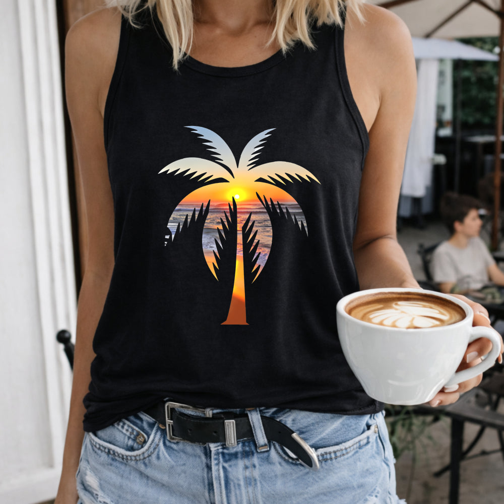Palm Tree Sunset Sky Ocean Crew-neck Sleeveless Vest Women's Color Cotton Tank Top in Black