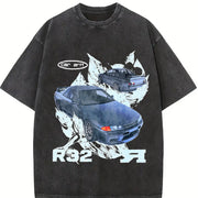R32 Car Art Gothic Grunge Y2k Emo Scene Amity Affliction Vintage Washed T-Shirt in Black
