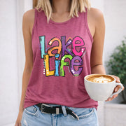 Lake Life Colorful Typography Crew-neck Sleeveless Vest Women's Color Cotton Tank Top in Red