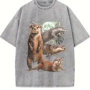 Otters 90s Retro Moon Animal Vintage Washed T-Shirt in Gray