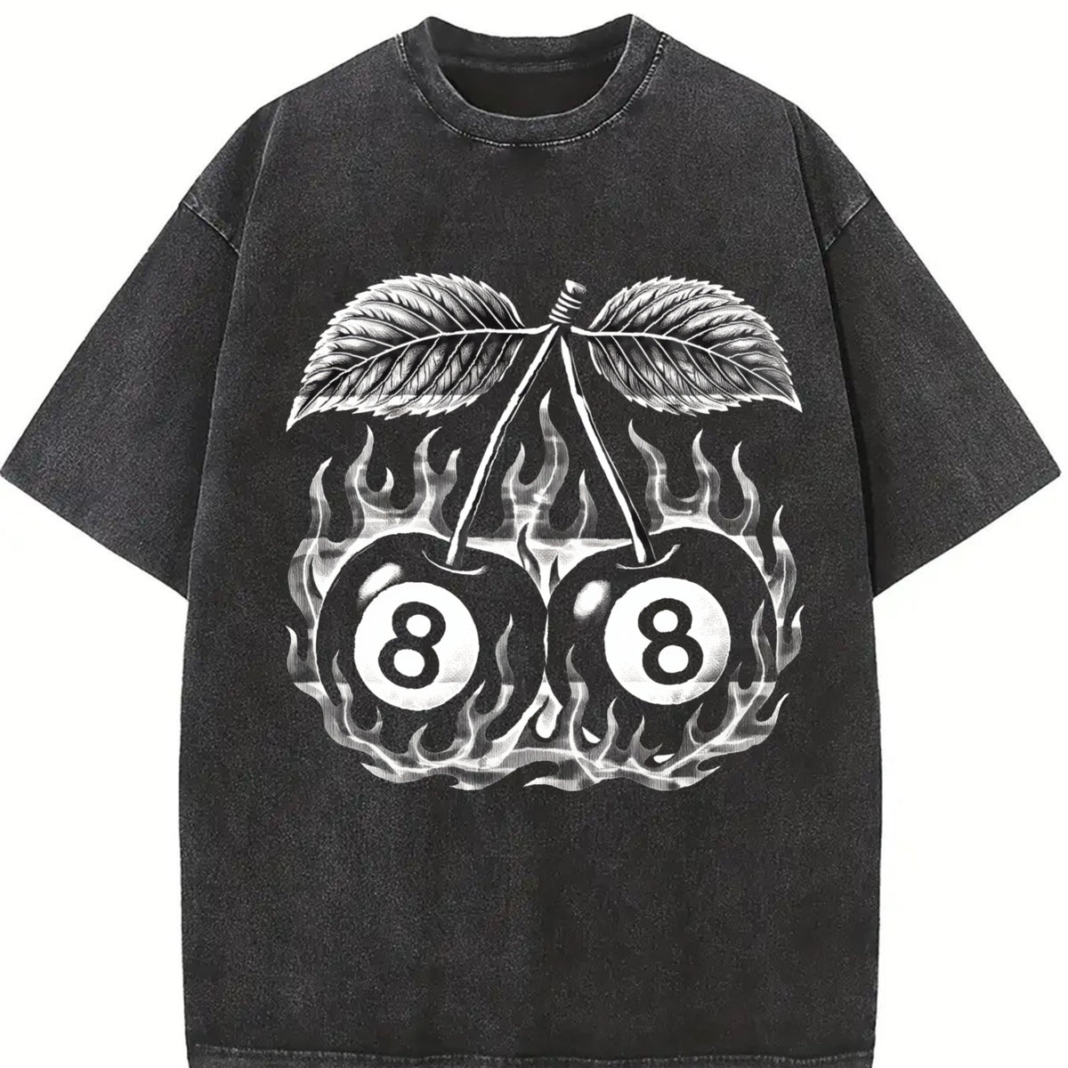 Flaming 8 Ball Cherries Tattoo Vintage Washed T-Shirt in Black