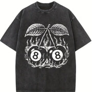 Flaming 8 Ball Cherries Tattoo Vintage Washed T-Shirt in Black