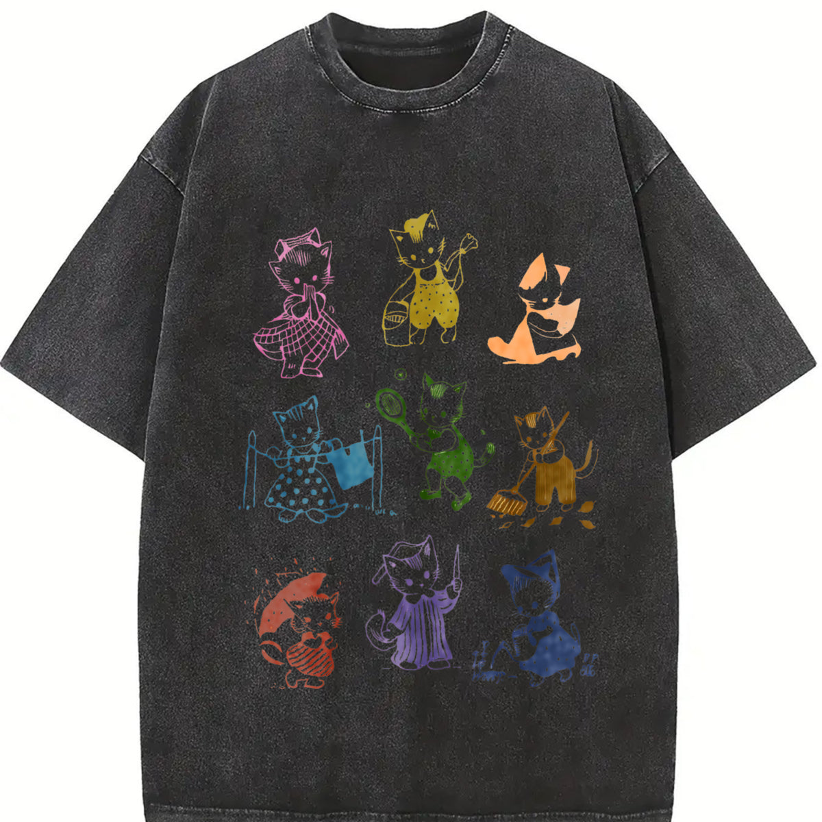 Cute Kitten 1950's Story Book Vintage Washed T-Shirt in Black