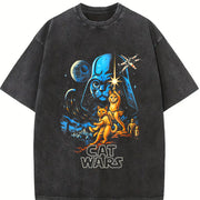 Cat Wars 90s Retro Space Cats ® Vintage Washed T-Shirt in Black