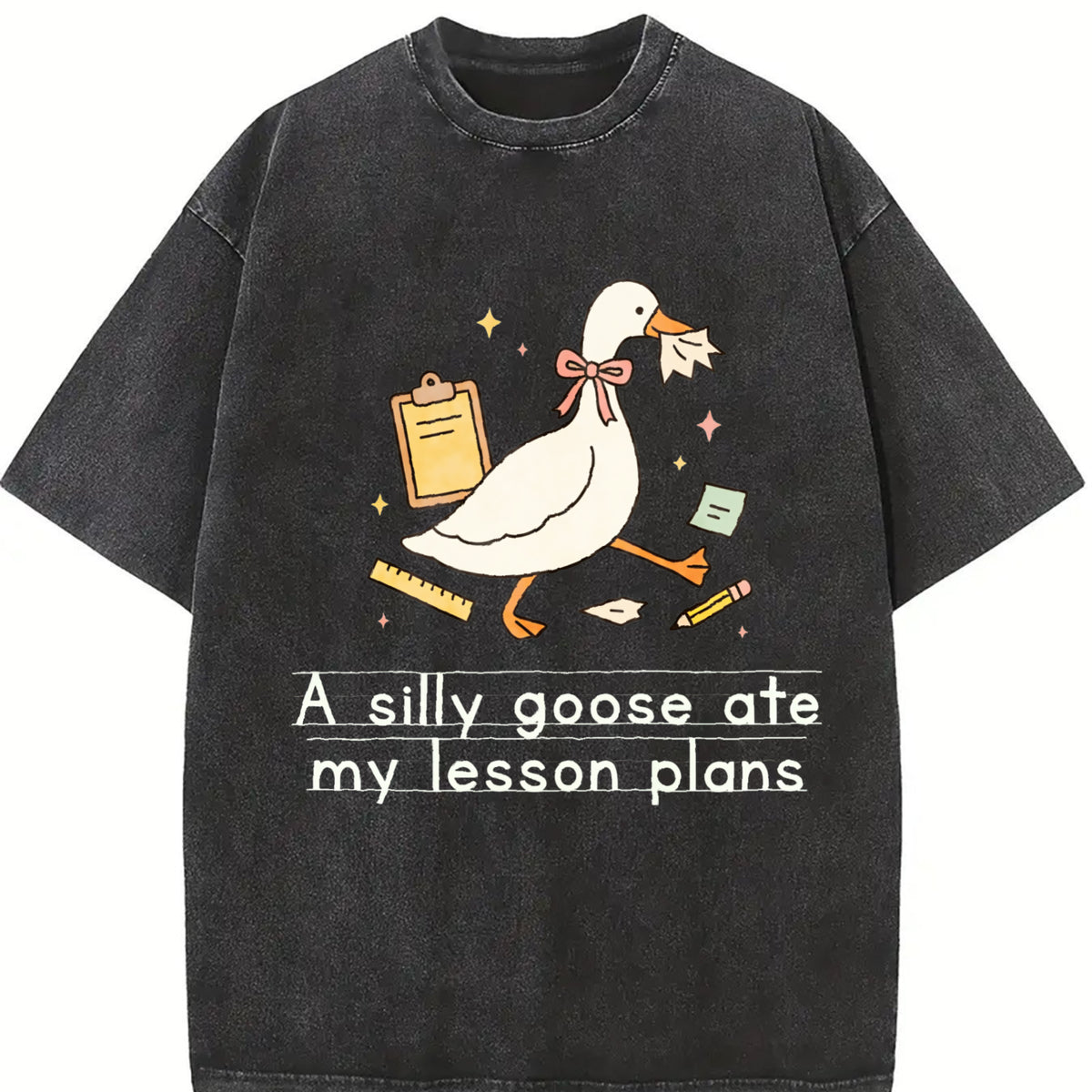 Silly Goose Ate My Lesson Plans Teacher Goose Teacher Back Vintage Washed T-Shirt in Black