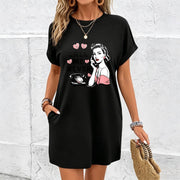 Valentine's Day Dress- Loose A-line Long Cotton T-Shirt in Black