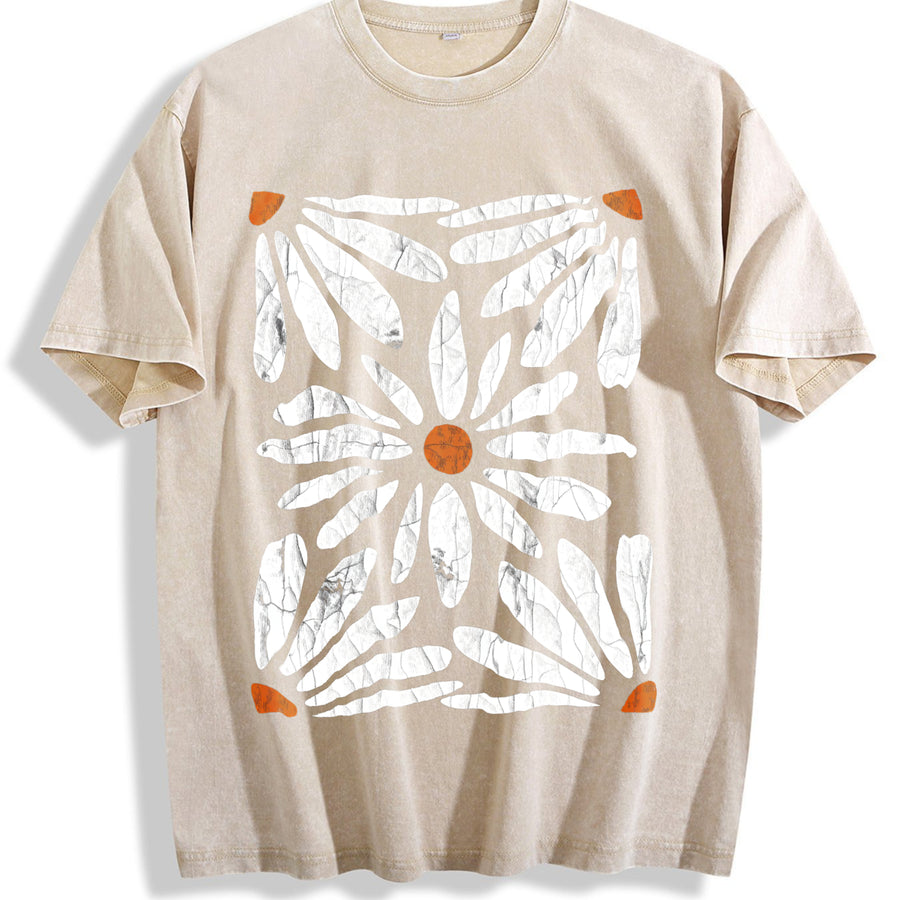 Boho Daisy Botanical Knit vintage washed oversized T-shirt in Beige