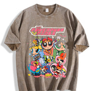 Powerpuff Girls Comic Collage vintage washed oversized T-shirt in Brown