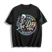 Skeleton & Letter Ladies Cotton T-Shirt in Black