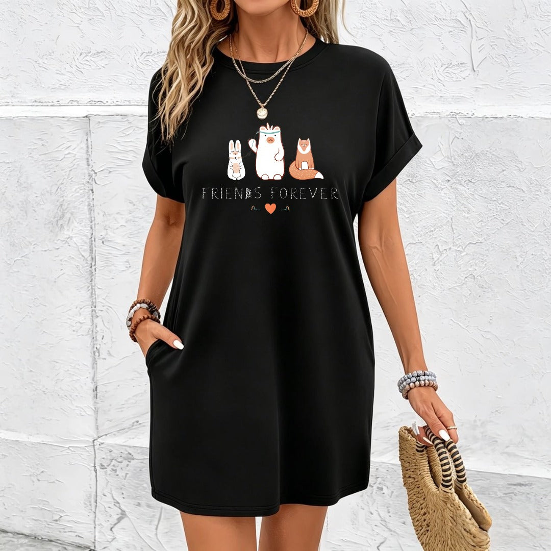 A Cute Cartoon Round-neck Short-sleeve Dress That Is Cotton T-Shirt in Black