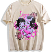 Japanese Demon Girl Gothic Sleeveless Tank Vintage Washed T-Shirt in Beige