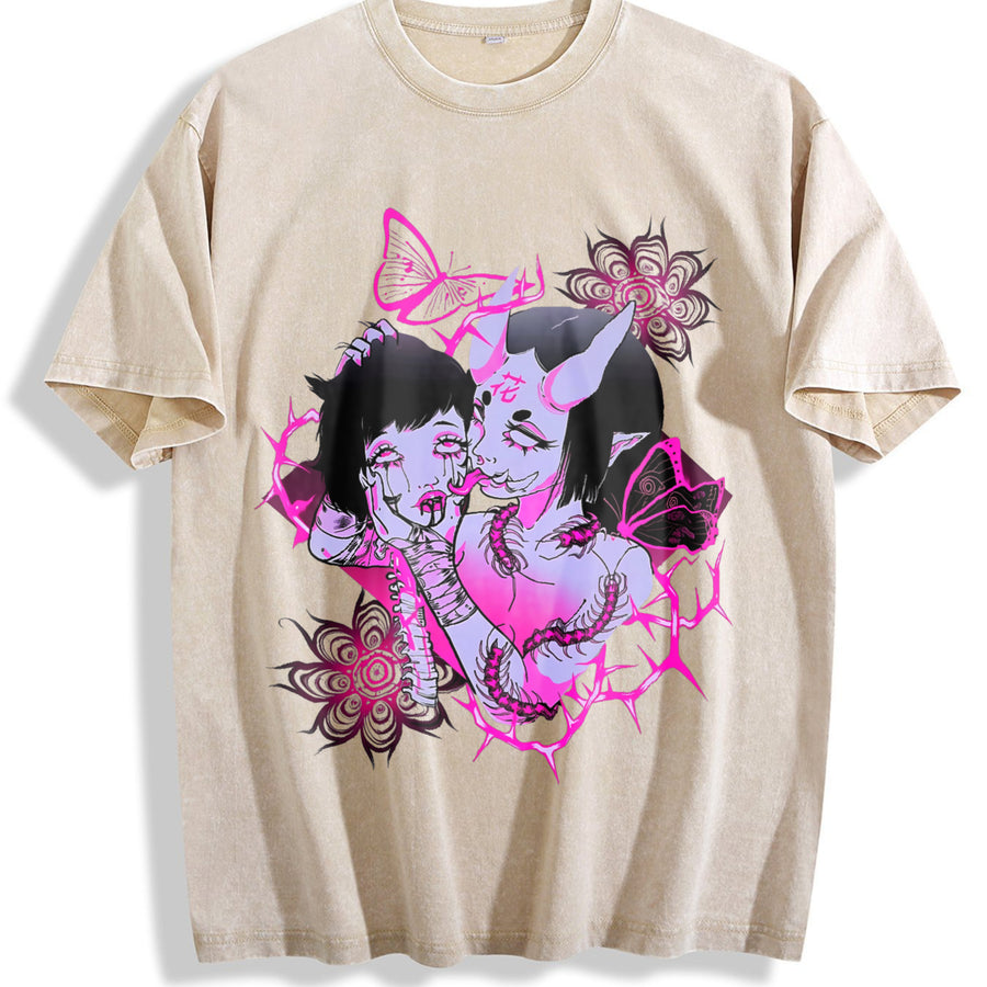 Japanese Demon Girl Gothic Sleeveless Tank Vintage Washed T-Shirt in Beige