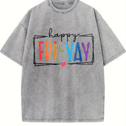Ladies' a Round-neck Short-sleeve with 'Friyay' Vintage Washed T-Shirt in Gray