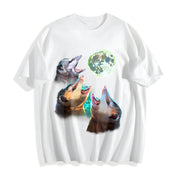 Three Possums Howling at Moon Cotton T-Shirt in White