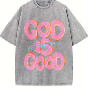 & 230gsm GOD IS GOOD Retro Vintage Washed T-Shirt in Gray