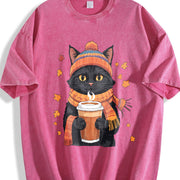 Black Cat with Hot Drink and Autumn Leaves Vintage Washed T-Shirt in Red