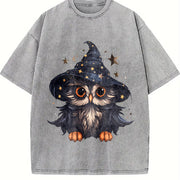 Autumn a Cartoon- Owl from the Early Days Vintage Washed T-Shirt in Gray