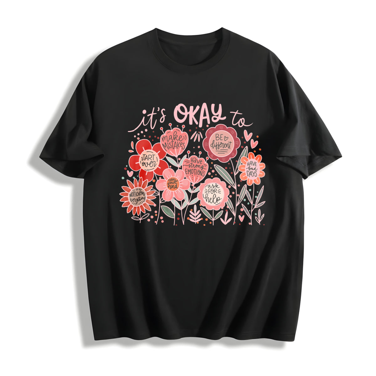 It's Okay to Boho Floral Cotton T-Shirt in Black