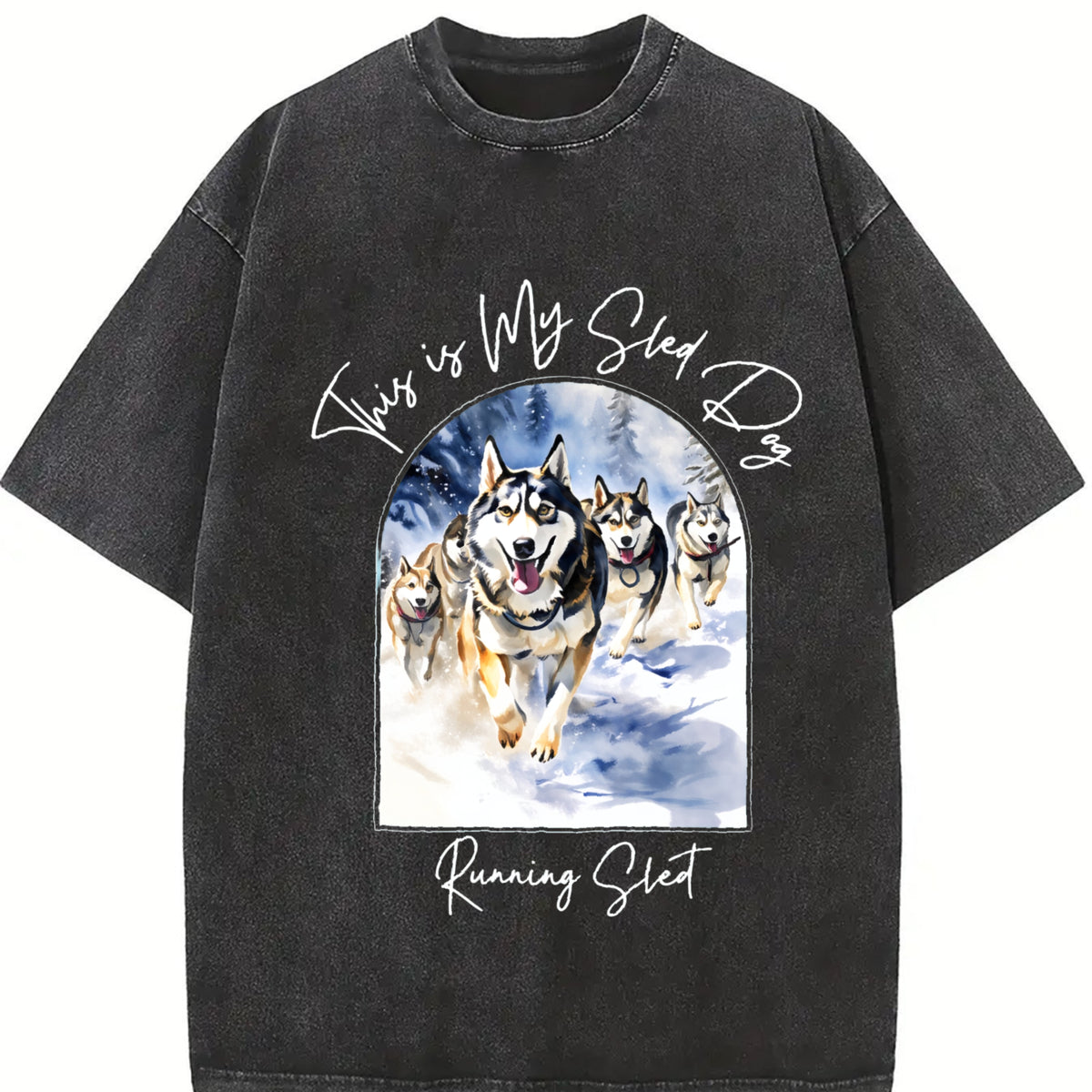 Sled Dog Racing Running Vintage Washed T-Shirt in Black