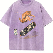 Skateboarding Cat Cats Skate Vintage Washed T-Shirt in Purple