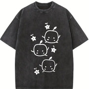 230gsm with Cute Anime-inspired Japanese Manga Vintage Washed T-Shirt in Black