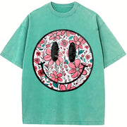 Floral Happy Face Mother's Day for Mom Cute vintage washed oversized T-shirt in Blue