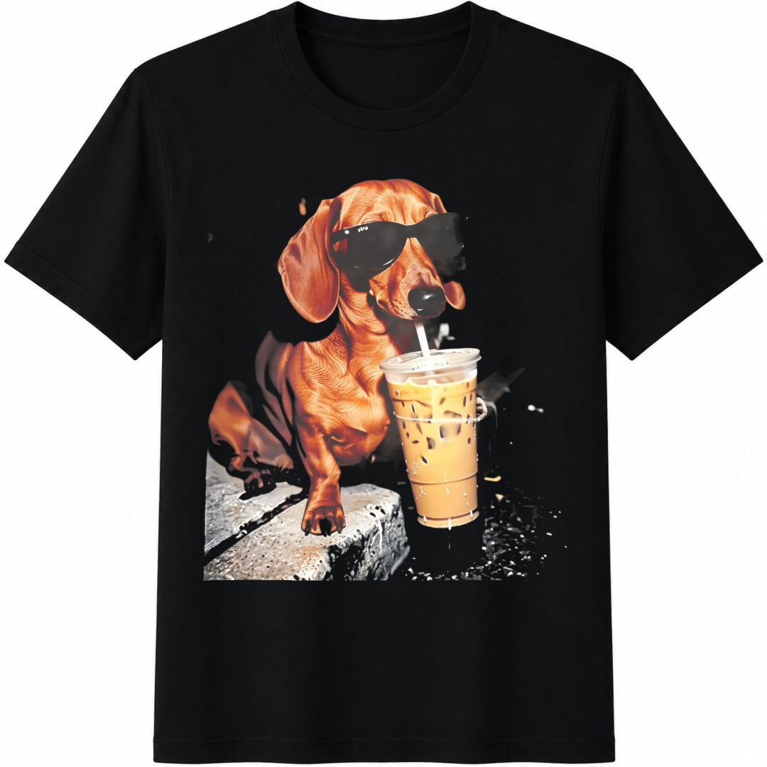 Dachshund Drinking Iced Coffee Cotton T-Shirt in Black