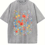 Wildflowers ® Retro Block Peonies Vintage Washed T-Shirt in Gray